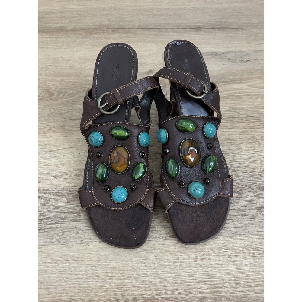 Vintage Size 10 High Heel Sandals Brown Leather Strappy Stones Y2K Embellished - Picture 1 of 5